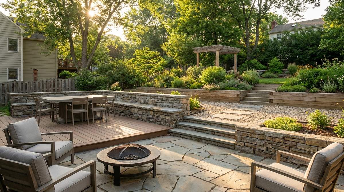 A small garden with stepped level changes created by low retaining walls and raised platforms, demonstrating how vertical variation divides space and adds architectural interest. Shows zone transitions with 8-12 inch level changes and more dramatic 18-24 inch shifts that double as informal seating edges.