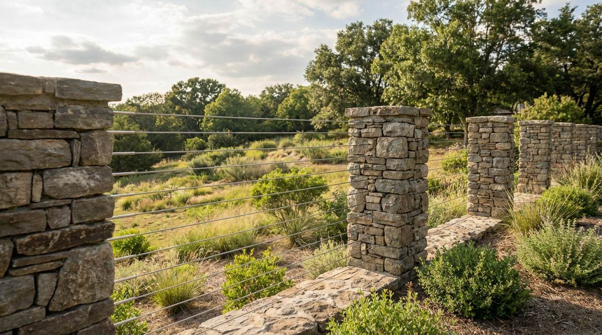 A minimalist stone garden wall with horizontal stainless steel cables strung between stone columns, preserving views while clearly defining boundaries. The cables are spaced 3-4 inches apart for safety and tensioned to 300 pounds for a taut appearance, ideal for hillside properties.