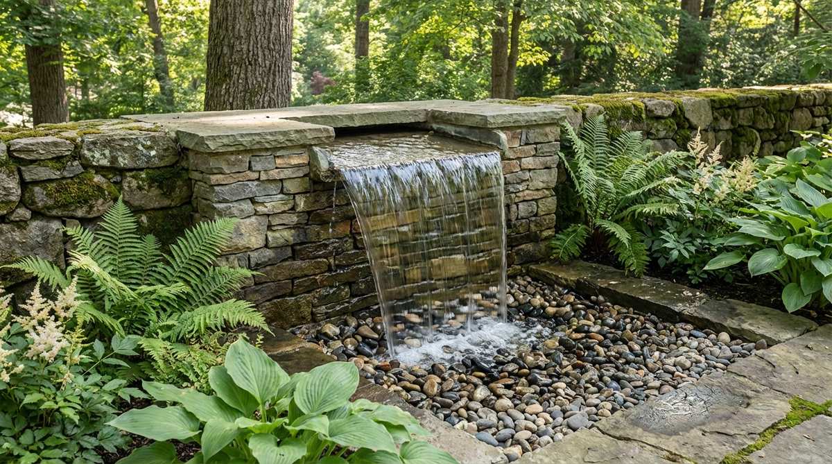 A small garden fountain featuring a stone ledge spillway where water flows horizontally over a natural stone surface into a gravel basin below. The design mimics natural rock formations with a curtain of water effect, positioned along a garden wall with moisture-loving ferns and hostas surrounding the feature.