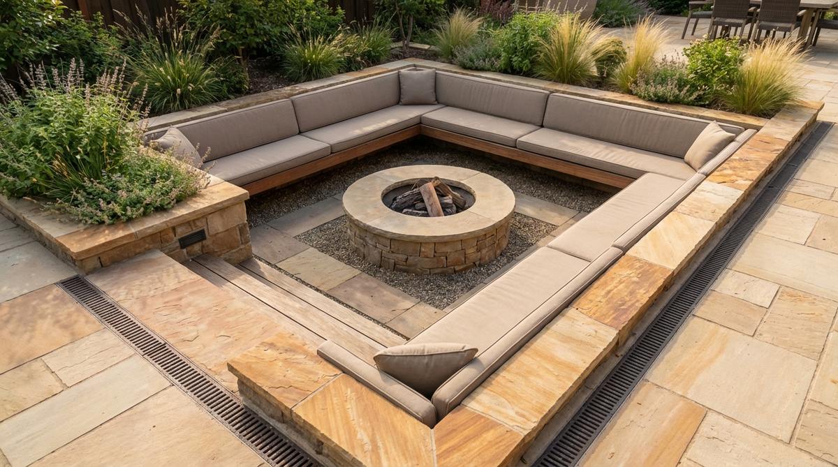 A sunken lounge pit excavated 18-24 inches below the main patio grade, featuring built-in perimeter seating, cohesive paving materials, excellent drainage, and a central fire pit for a resort-style outdoor conversation area.