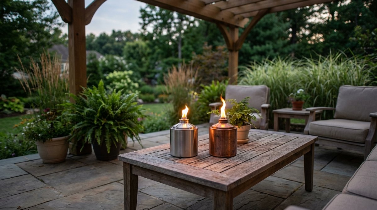 Compact tabletop torch lamps made of stainless steel or copper, fueled by citronella oil to provide light and repel insects. Ideal for balcony decor, they add primal ambiance for evening entertaining and are designed to withstand outdoor conditions.