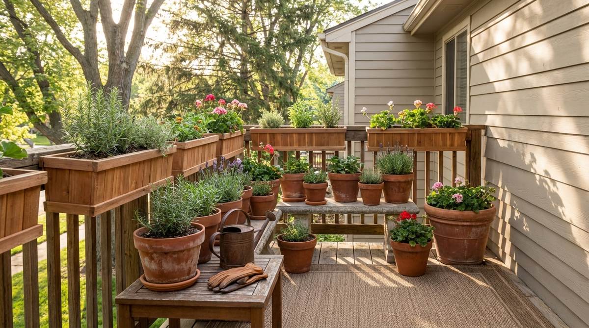 Traditional terracotta clay pots with porous walls that allow moisture to breathe, preventing oversaturation in balcony garden boxes. Ideal for Mediterranean and rustic designs, with tips on sealing in humid climates and indoor storage to prevent cracking during freeze-thaw cycles.