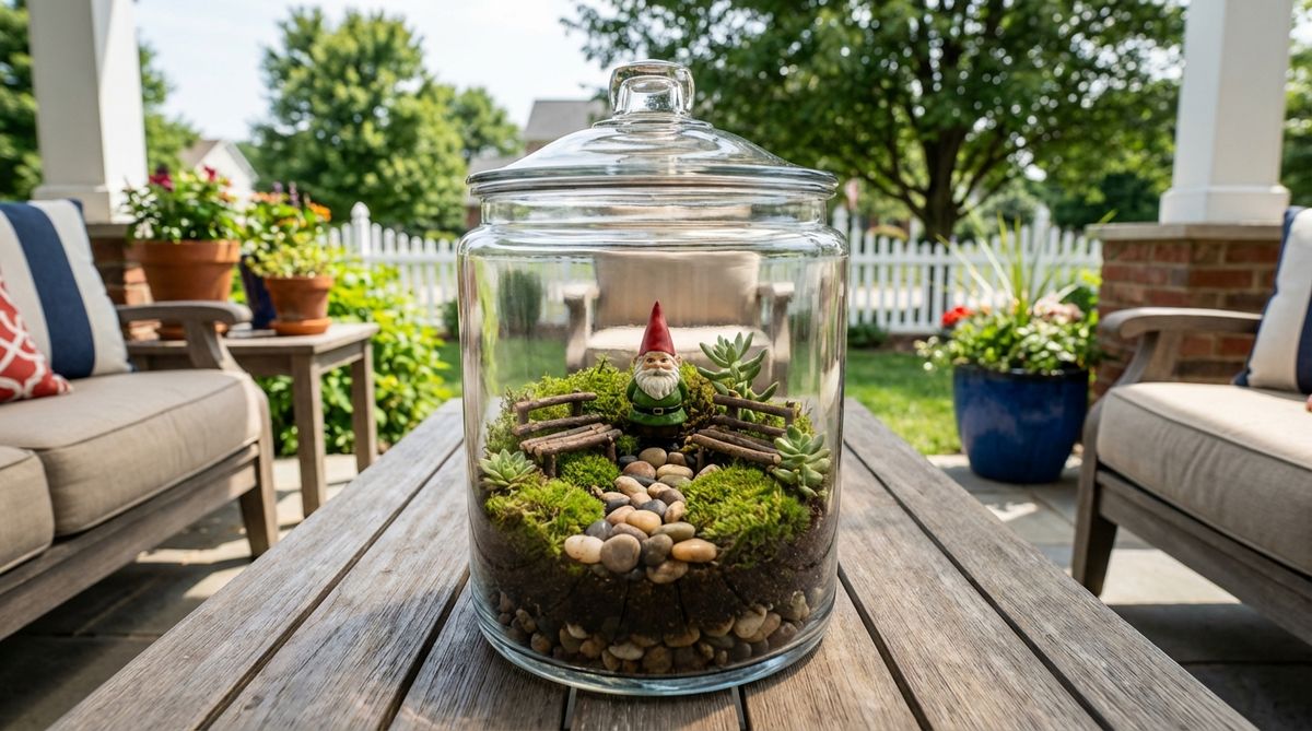 A miniature gnome standing in a glass terrarium with moss, pebbles, and small accessories, creating a self-contained world ideal for indoor decor like coffee tables or shelves.