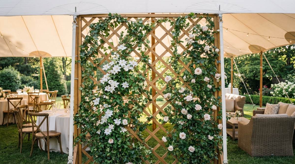 A freestanding trellis installation creating a vertical garden wall at a wedding reception. The lattice structure supports climbing greenery and fresh flowers, defining boundaries between different event zones while maintaining sightlines for guests.