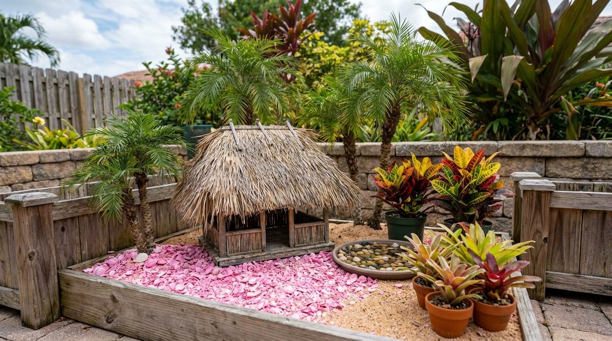 A miniature tropical garden featuring small palms, colorful crotons, and miniature bromeliads arranged around a thatched hut, with bright pink sand or crushed shells creating a beach-like setting. This exotic mini garden requires bright indirect light, higher humidity through misting or pebble trays, and warmer temperatures to thrive, transporting viewers to vacation destinations.