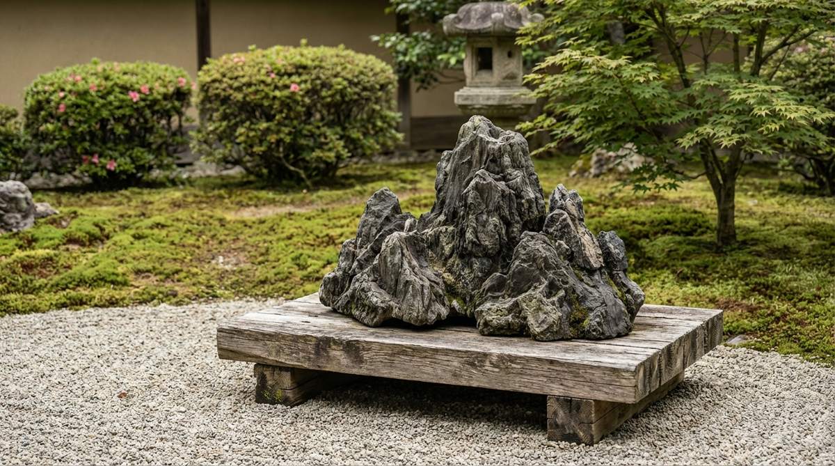 A naturally formed Japanese viewing stone (suiseki) displayed on a dedicated wooden stand or platform. The stone exhibits interesting shapes, colors, and textures created entirely by natural processes, suggesting landscapes, mountains, or abstract forms for contemplation in a Japanese garden setting.