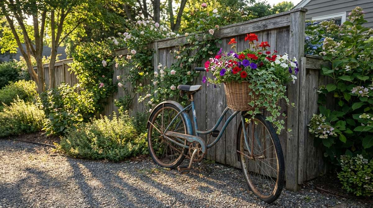 A charming vintage bicycle propped against a fence with a flower-filled basket, showcasing mechanical details and faded paint. The basket is overflowing with abundant blooms like petunias, geraniums, and trailing ivy, creating a whimsical focal point that evokes leisurely countryside rides and simpler times, perfect for garden decor photography.