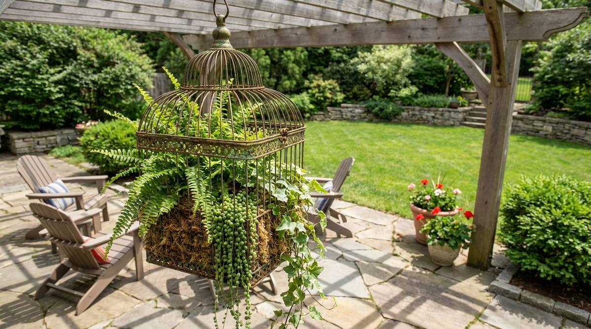 A decorative wire birdcage with ornate details repurposed as a hanging planter, lined with moss and filled with trailing plants like ferns or succulents. The cage structure creates sculptural silhouettes while supporting the plants, with rust and patina on the metal enhancing its vintage bohemian authenticity.