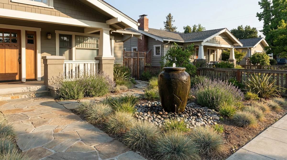 A small fountain or bubbling urn positioned as a focal point in a front yard garden design, creating soothing water sounds and upscale ambiance near the entrance. The water feature is visible from the street, appropriately scaled to the space, with recirculating pump for easy maintenance.