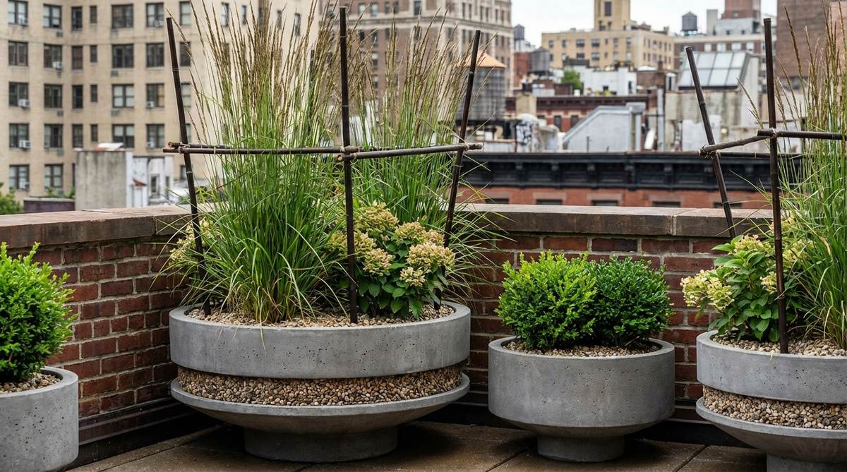 A weighted base anchor system for balcony gardens in NYC, featuring heavy ceramic or concrete containers with wide bases and low centers of gravity to resist tipping in high winds. The image shows containers filled with gravel at the bottom for added weight, with bamboo stakes cross-bracing tall plants for maximum stability in urban environments.