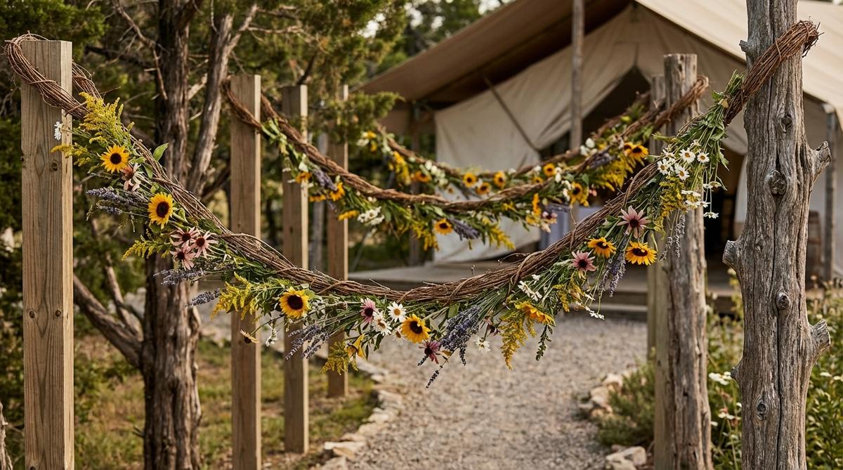 A boho wedding decoration featuring long wildflower garlands draped in gentle swags between trees, posts, or tent poles at an outdoor venue. The curved lines soften geometric structures, marking pathways or boundaries, with sturdy base materials like grapevine or wire supporting clustered flowers to reduce weight and visual density.