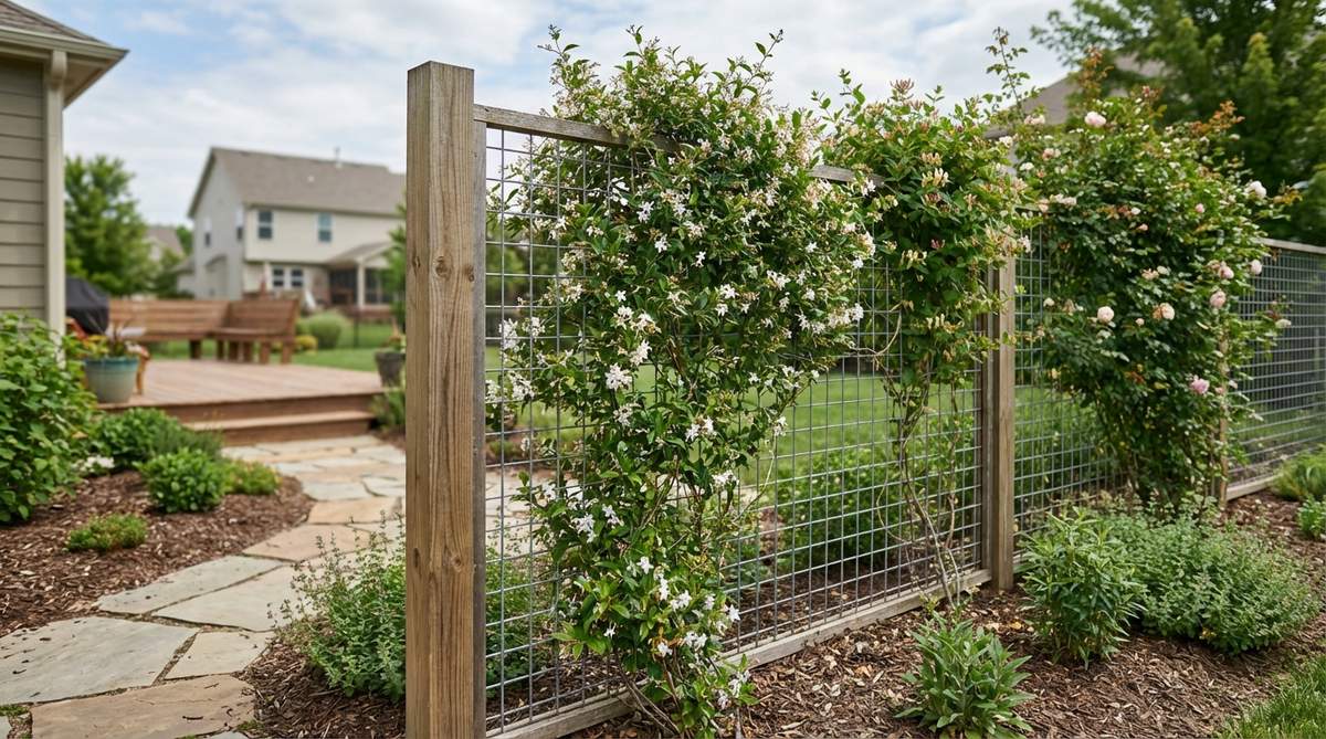 A contemporary garden fence featuring galvanized wire mesh stretched between posts, creating an affordable framework for climbing plants like jasmine, honeysuckle, or climbing roses. The mesh has 2-4 inch openings sized for plant tendrils, with the metal virtually disappearing once plants establish. This living coverage provides seasonal variation and adapts easily as gardens mature, offering both privacy and aesthetic appeal.