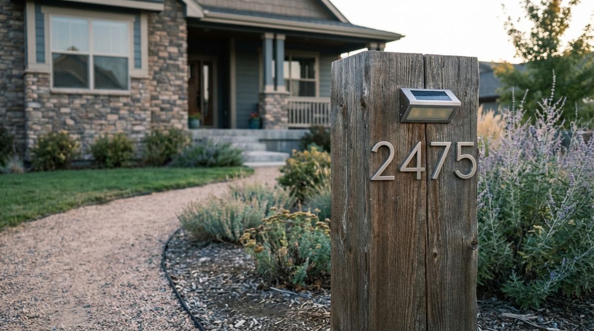 Rustic wooden address posts with routed or metal numbers marking property entrances. Made from rot-resistant cedar or pressure-treated lumber, these substantial vertical elements provide nighttime visibility with reflective numbers while contributing to outdoor decor aesthetic.
