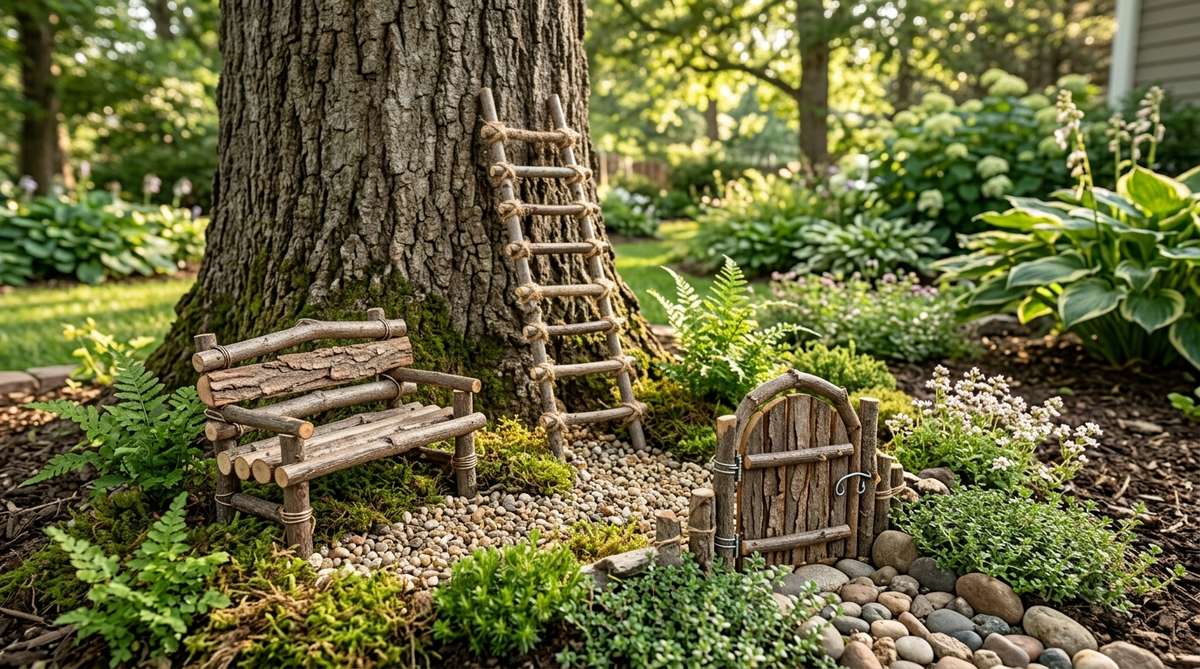 A collection of handmade wooden fairy garden accessories, including miniature benches, ladders, and gates crafted from twigs and bark, bound with wire or jute for a rustic look. Perfect for creating whimsical, imaginative landscapes in container gardens or under trees, appealing to both children and adults.