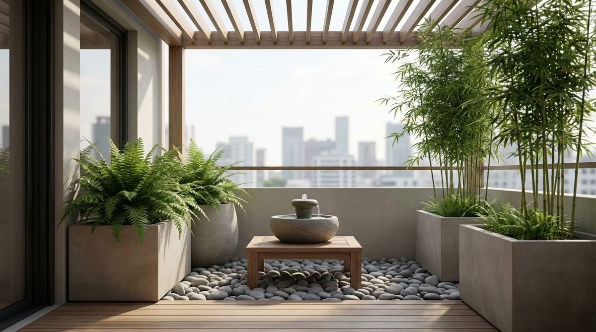 A minimalist urban balcony garden designed as a Zen meditation space, featuring carefully selected green foliage plants like ferns and bamboo in neutral containers, a small tabletop water feature, smooth river stones as mulch, and clean lines with negative space to promote tranquility and stress relief.