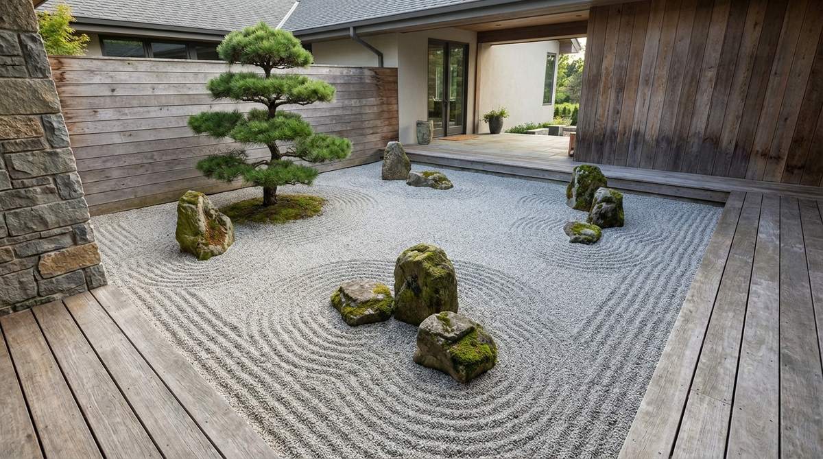 A serene Japanese-inspired dry garden courtyard featuring raked gravel patterns, carefully positioned stones in odd-numbered groupings, and a single cloud-pruned pine specimen plant. This minimalist design emphasizes negative space and a restrained palette to create a contemplative, calming environment perfect for small garden spaces.