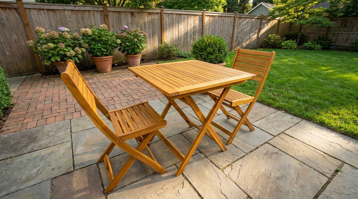A folding table and chairs made from natural acacia wood, featuring golden-brown tones and water-resistant properties, ideal for small garden spaces with convenient storage.