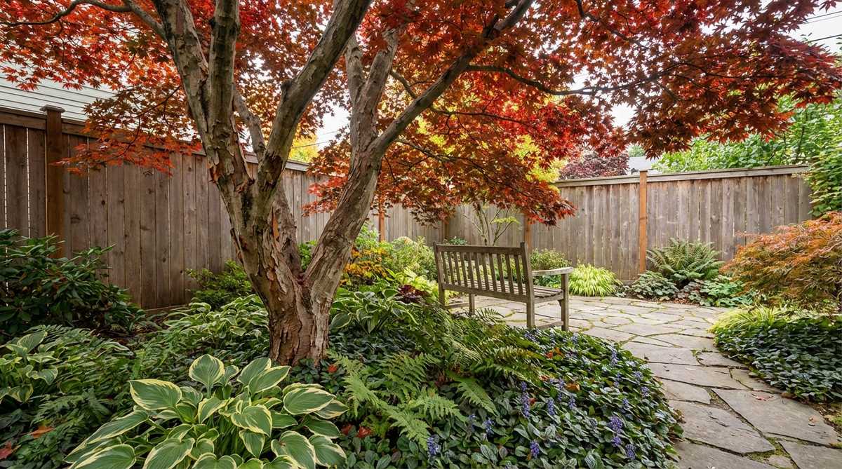 A small garden featuring a single standout Japanese maple tree with interesting bark and seasonal color, positioned off-center for dynamic composition, underplanted with shade-tolerant groundcovers to maximize planting density.