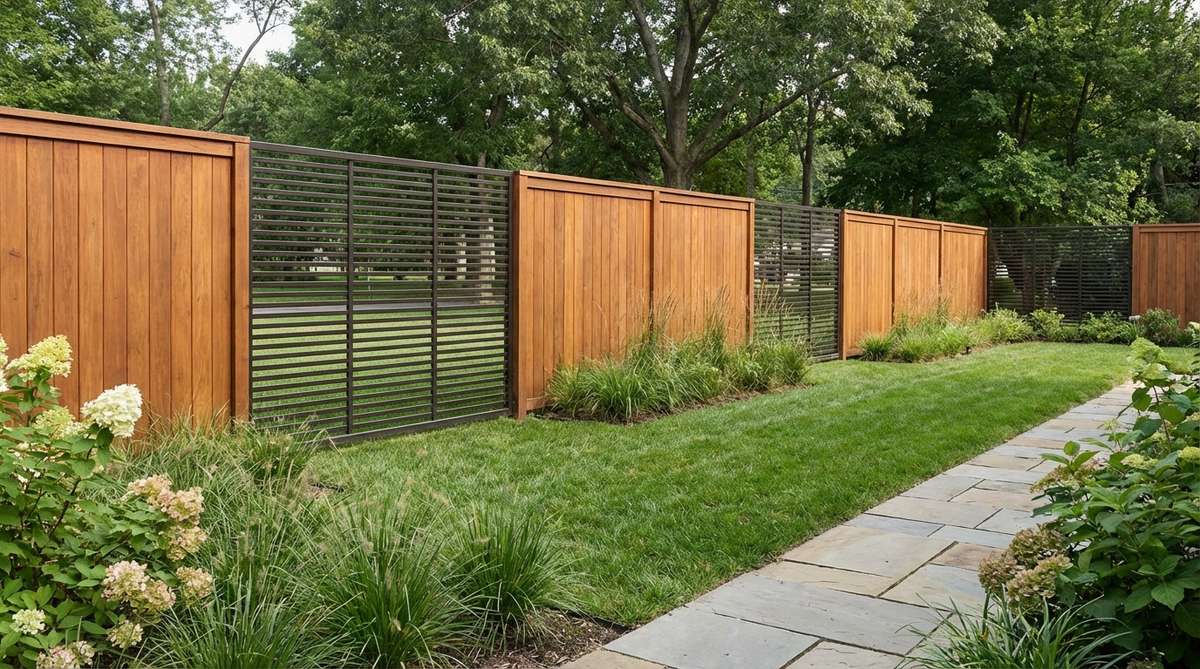 A contemporary garden fence featuring alternating solid panels and open slatted sections, creating visual rhythm and balanced privacy. The design prevents monotony in long fence runs while allowing strategic views of the landscape.