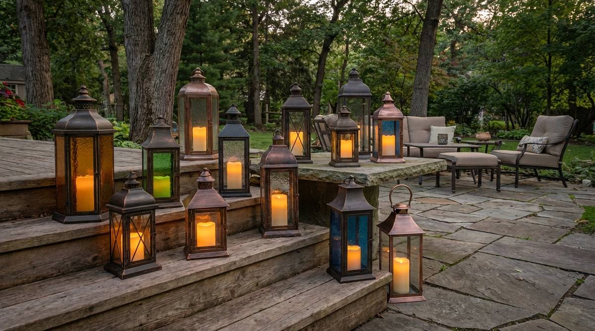 A collection of vintage lanterns with varied glass colors and metal finishes, arranged on rustic outdoor tables or steps to create atmospheric lighting displays. Features battery-operated LED candles for safe, flameless illumination, enhancing the warm glow for evening gatherings in outdoor decor settings.