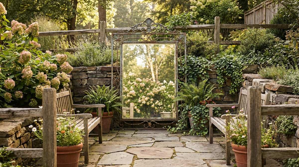 A weathered antique mirror with an ornate frame, positioned in a vintage boho garden to reflect light and plants, enhancing perceived space and adding artistic charm.