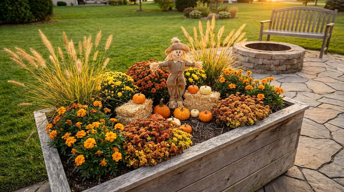 A miniature garden featuring pumpkins, hay bales, and a scarecrow, with orange and gold plants, designed for a fall harvest theme.
