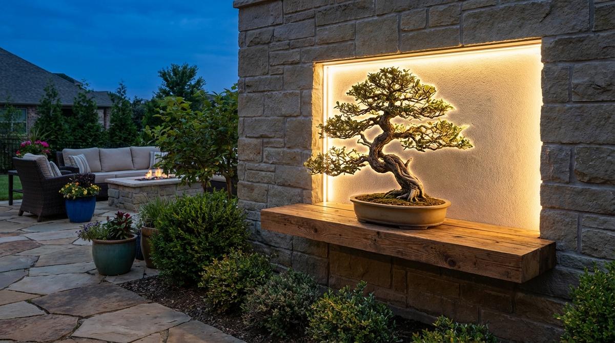 A bonsai tree displayed on a floating shelf with warm white LED strip lighting installed behind it, creating a glowing halo effect that emphasizes the intricate branch structure and transforms the bonsai into a living sculpture during evening hours.