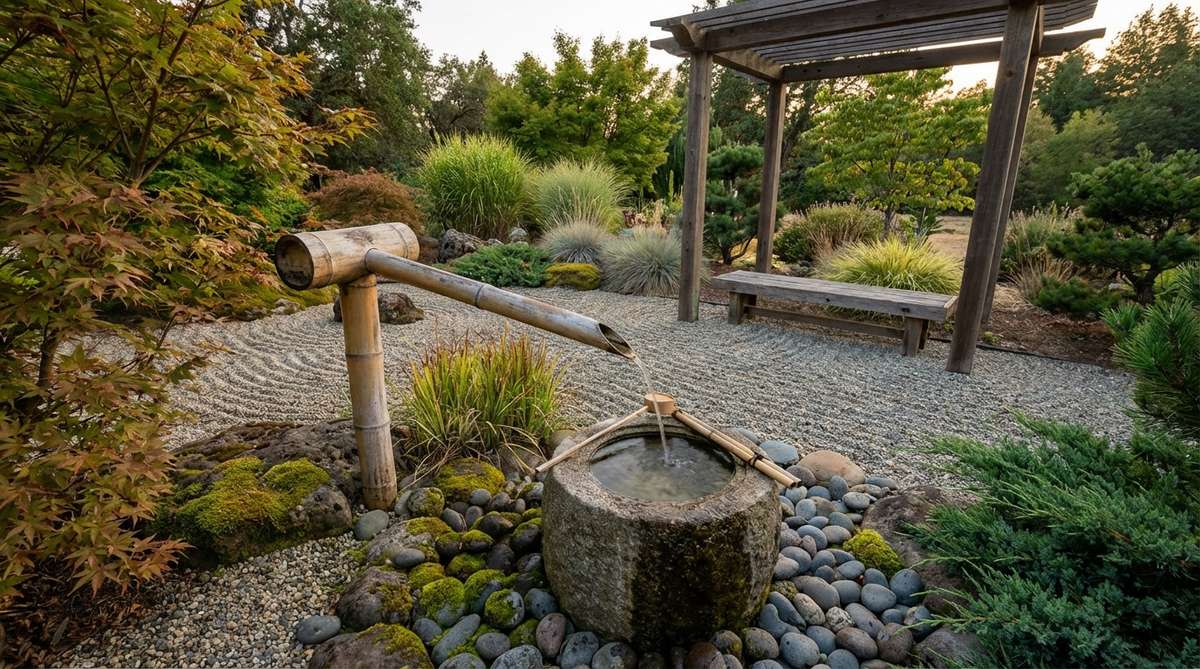 A traditional shishi-odoshi bamboo deer scarer fountain in a zen garden, with water filling and emptying a pivoting bamboo section to create rhythmic clacking sounds. Positioned near meditation seating to support focused breathing practices, its mechanical simplicity reflects wabi-sabi aesthetics while serving as a mindfulness bell for present moment awareness.