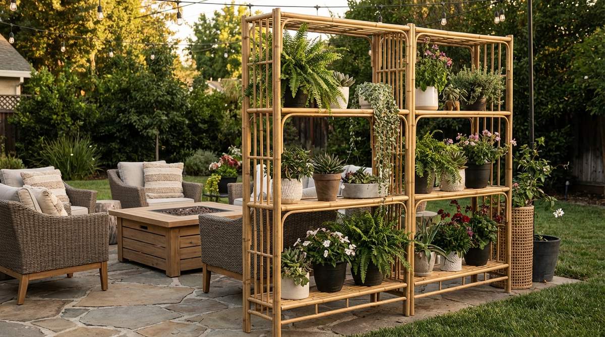 A multi-tiered bamboo plant stand displaying lush greenery at varying heights, positioned near seating areas in a boho garden. The open bamboo framework allows light penetration while creating an airy vertical garden display.