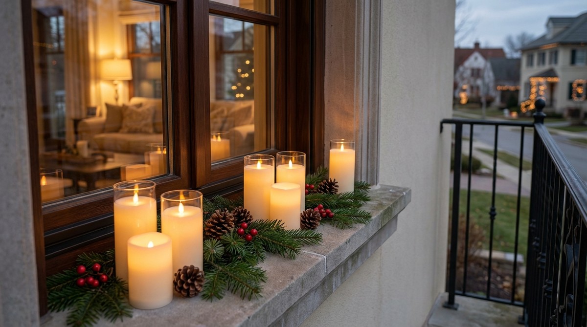 Modern LED battery candles arranged on a window sill with graduated heights and evergreen sprigs, creating elegant traditional Christmas lighting for balcony decor with automatic timer operation.