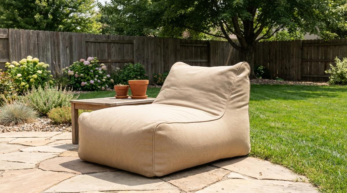 A weather-resistant bean bag lounger made with UV-resistant fabric, filled with polystyrene beads or shredded foam, placed in a garden for flexible and comfortable seating. Ideal for families and informal entertaining, it can be easily moved between garden zones and stored indoors to extend lifespan.