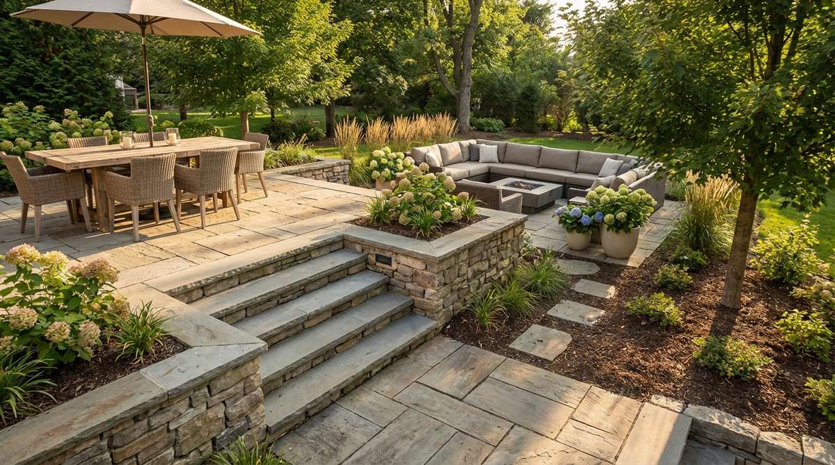 A small garden patio design featuring two distinct levels connected by wide steps. The upper level serves as a dining terrace while the lower section functions as a lounge area, creating separate zones without walls. This bi-level split patio adds three-dimensional interest to flat yards and improves visual appeal from interior windows. The wide transitional steps can double as additional seating during gatherings.