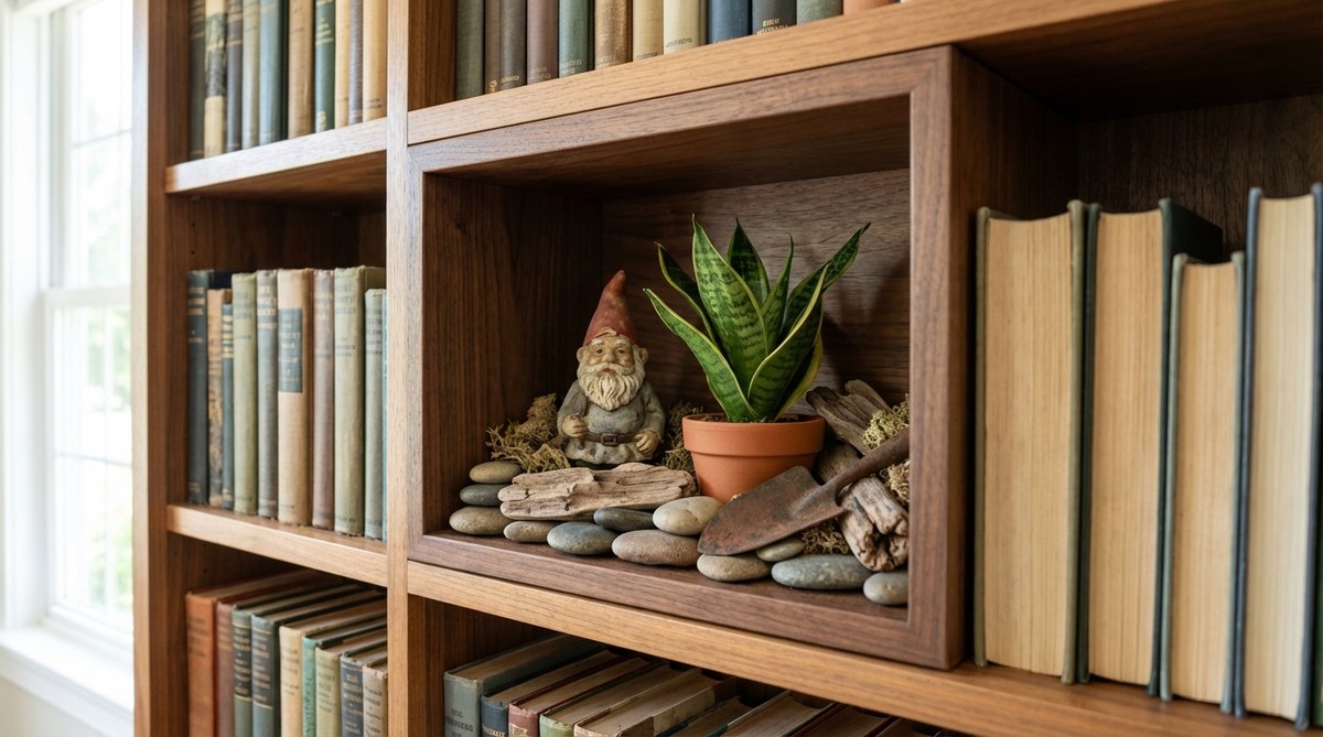 A curated shadowbox display on a bookshelf featuring a miniature garden gnome with a small low-care plant like sansevieria or ZZ cutting, layered with found objects to create dimension in a shallow recessed cubby. This intimate vignette adds living texture and breaks up rows of books in a room dominated by straight lines.