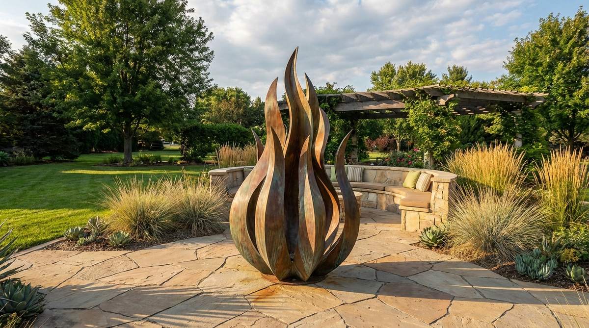 A stylized bronze flame sculpture for garden decor, featuring permanent fire-like forms that create visual movement without actual combustion. This metal sculpture serves as an alternative to fire features, with bronze material that accepts various patinas and provides year-round interest in outdoor spaces.