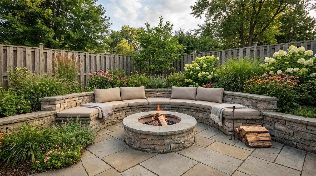 A cozy garden corner with canopy-draped seating, featuring outdoor fabric panels draped from curtain rods to create a semi-enclosed nook for privacy and shade. This intimate cabana-style retreat showcases fade-resistant fabrics that can be tied back or closed, ideal for transforming garden spaces into comfortable, theatrical retreats.