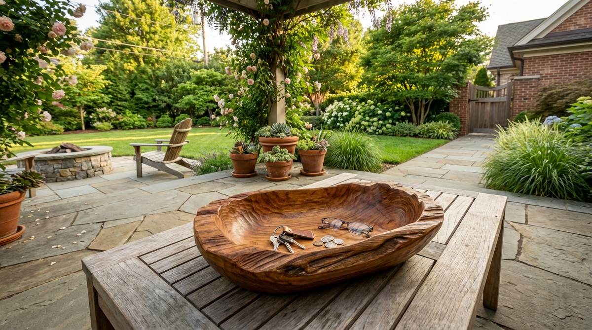 Hand-carved wooden bowls with visible tool marks and natural wood grain, serving as functional catchalls for keys and small items on coffee tables or entry consoles. These organic sculptures add warm wood tones and unique shapes to earthy boho decor, preventing storage from looking cluttered.