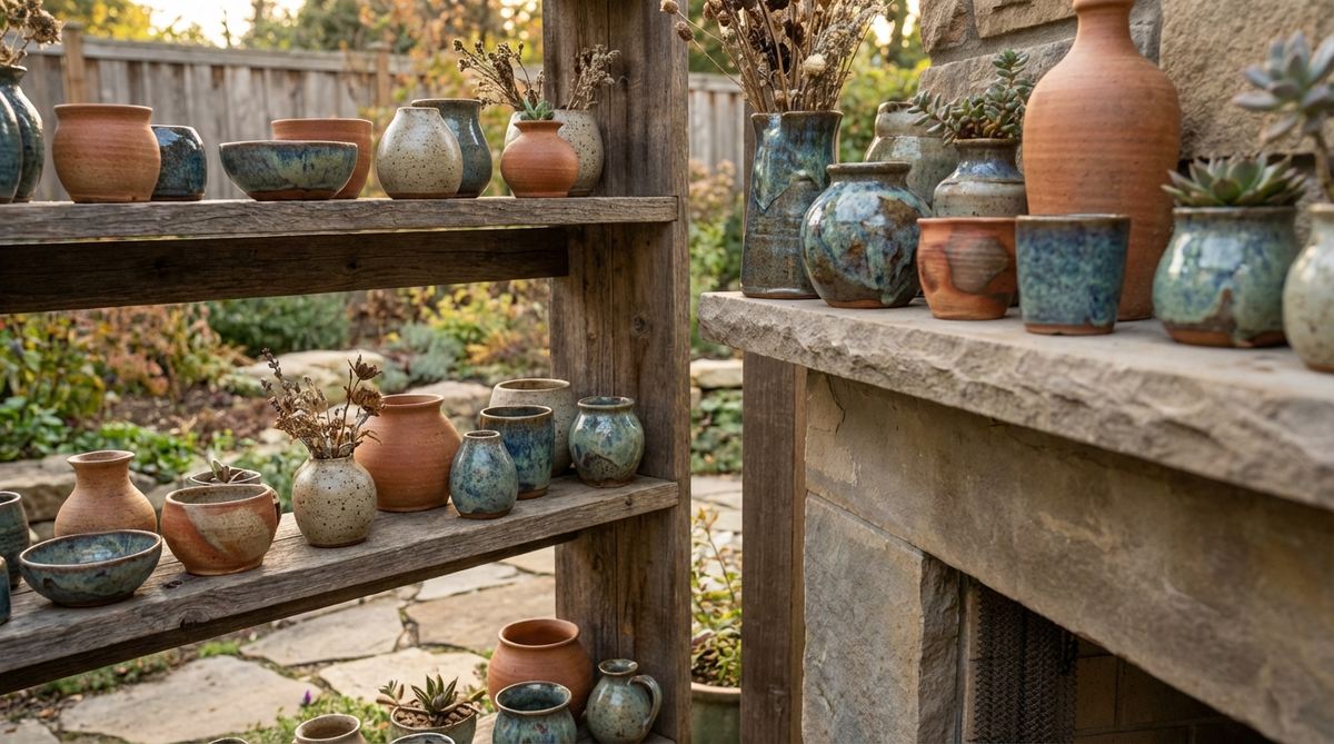 A collection of artisan ceramics and pottery in boho decor style, featuring irregular glazes, hand-thrown imperfections, and organic shapes. Displayed in clusters with earthy terracottas, reactive glazes, and matte finishes, grouped on shelves or mantels to create textural contrast.
