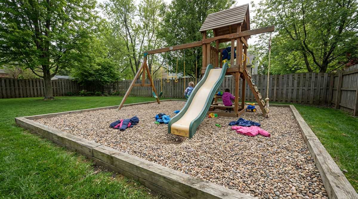 Children playing on a pea gravel surface under playground equipment, showing the cushioning effect that reduces injury risk from falls. The image demonstrates proper installation with 6-8 inches of 3/8-inch pea gravel contained by landscape timber borders, providing a safe, well-drained play area.