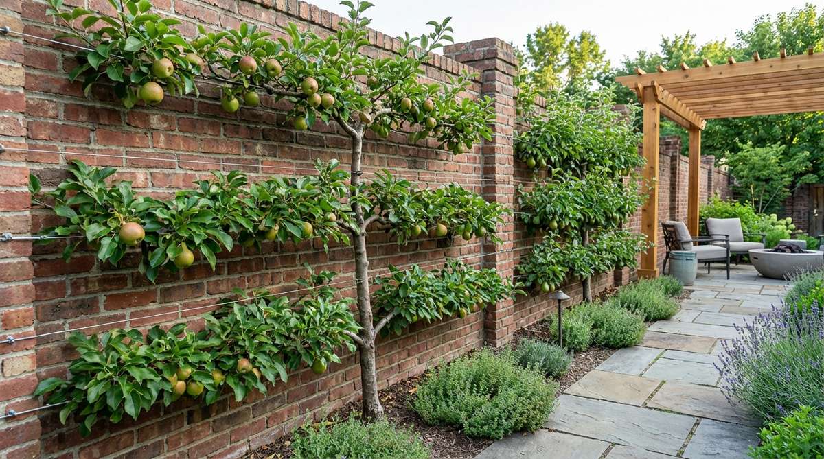 A detailed image showing espalier patterns of climbing plants, such as apple, pear, or fig trees, trained flat against an outdoor wall with horizontal wires for support. The geometric design creates living art that produces edible fruits or seasonal flowers, illustrating the ancient technique of espalier training for decorative and functional outdoor decor.