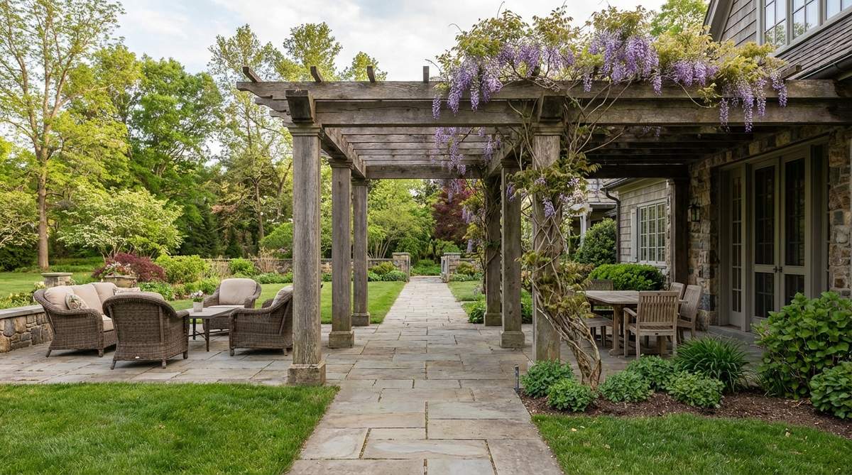 A covered walkway with 4-6 columns and overhead beams, creating an architectural colonnade that defines circulation paths in outdoor patio decor. The structure separates active use zones while providing shelter during light rain, with climbing roses or wisteria adding seasonal color and fragrance. This design enhances property scale and sophistication.