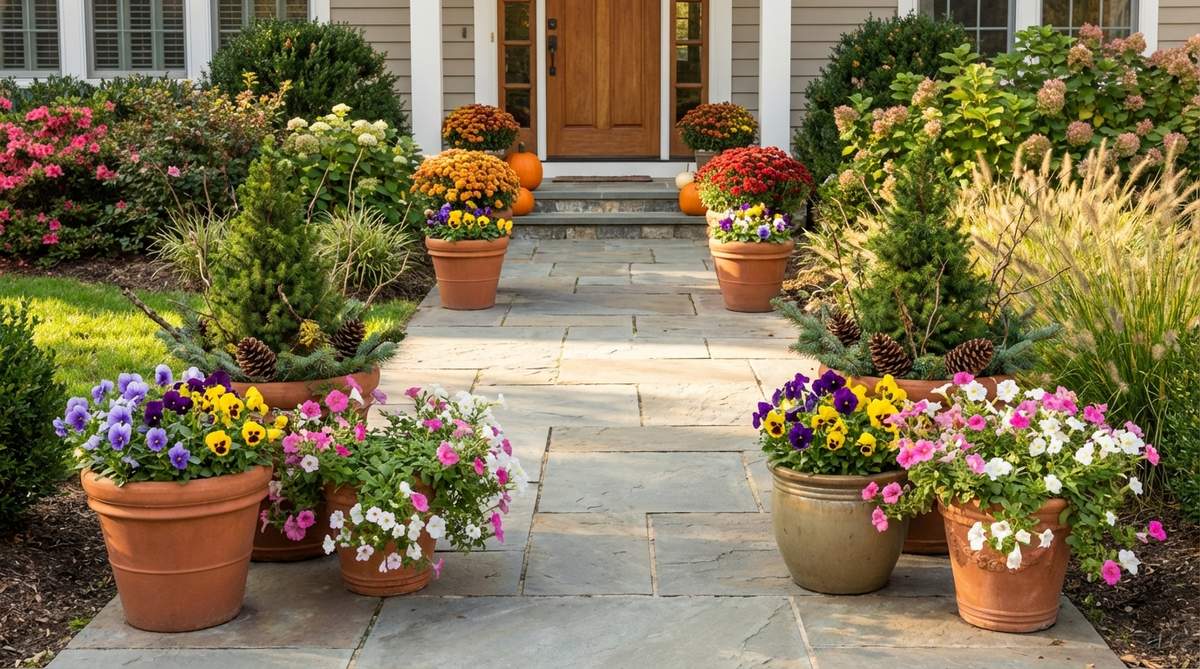 A front garden entry with decorative containers showing seasonal plant rotation - spring pansies transitioning to summer petunias, fall mums, and winter evergreens. The containers demonstrate how quarterly planting swaps maintain fresh displays without disturbing permanent garden beds.