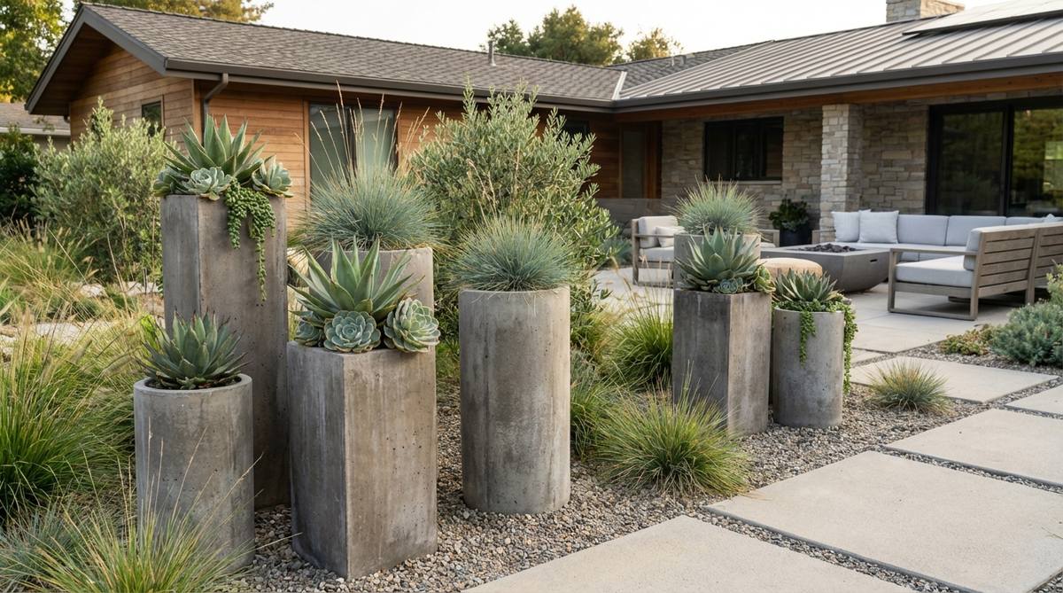 Tall cylindrical and rectangular concrete column planters with trailing and upright plants, arranged in odd-numbered groupings for dynamic compositions. Features succulents, grasses, and small shrubs with architectural forms that complement the geometric column design, adding height variation to modern garden spaces.