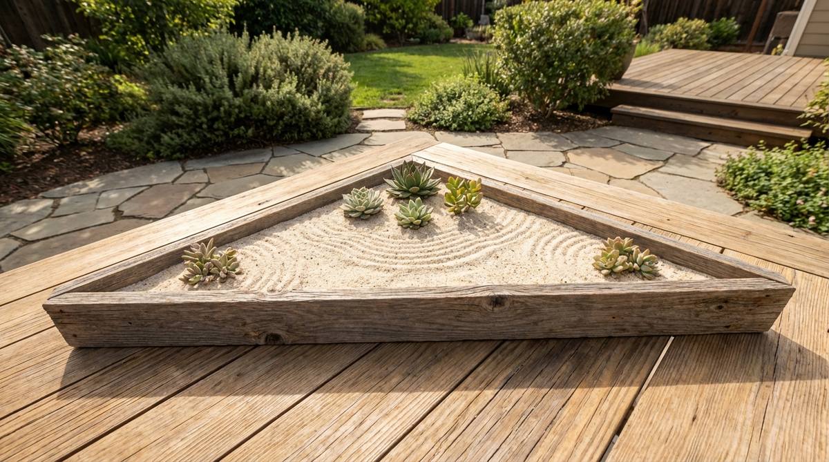 A triangular tray designed to fit perfectly into desk corners, maximizing space efficiency. The wedge shape offers ample surface area for raking patterns that follow the unique geometry, creating distinctive designs while keeping the garden accessible and unobtrusive.