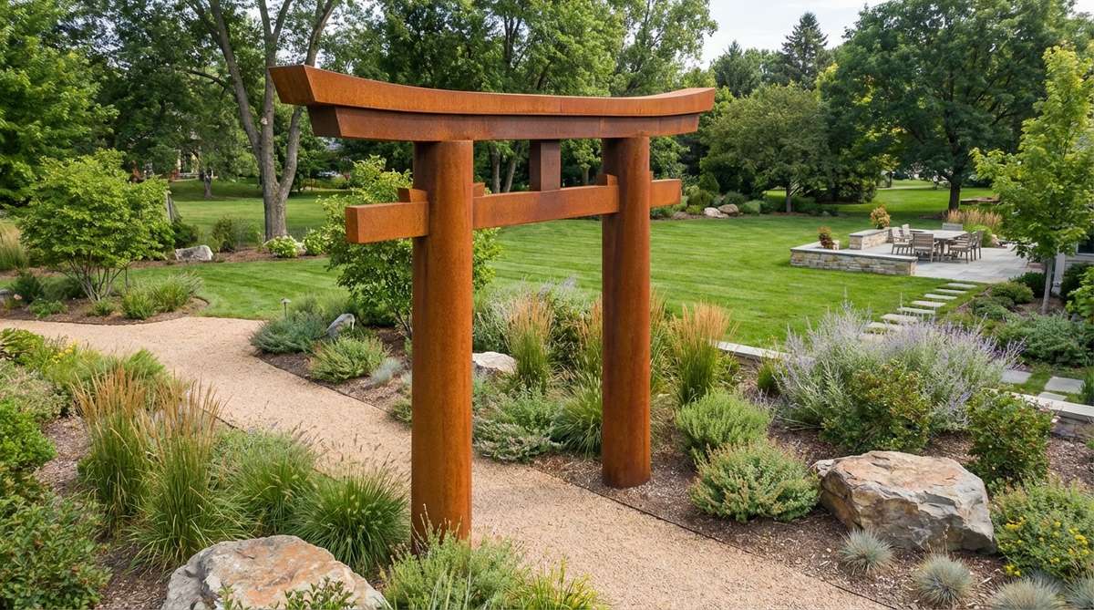 A modern interpretation of a traditional Japanese torii gate made from weathering corten steel, showing the characteristic rust patina that develops over time. The bold metal structure creates a striking contemporary focal point in a garden landscape, blending modern architecture with natural elements through its warm rust tones.
