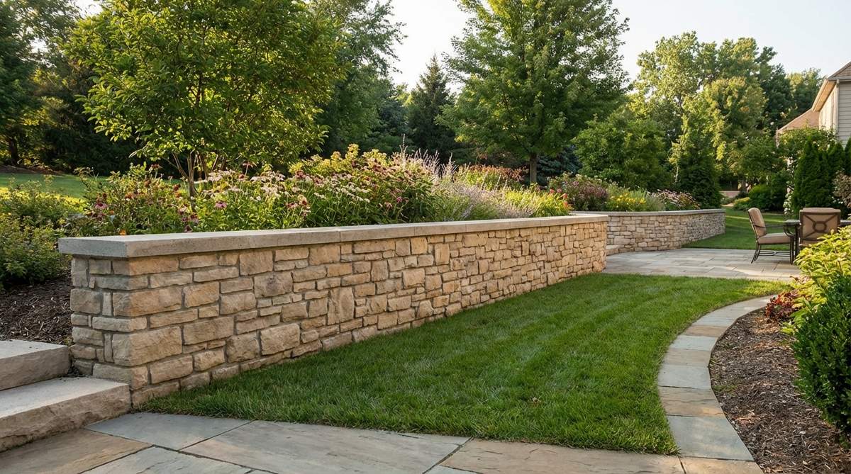 A retaining wall made with cultured stone veneer, showcasing lightweight cast concrete that mimics natural stone. The installation demonstrates proper application on moisture-resistant backing or concrete block with consistent joints for a professional look, ideal for areas with weight restrictions.