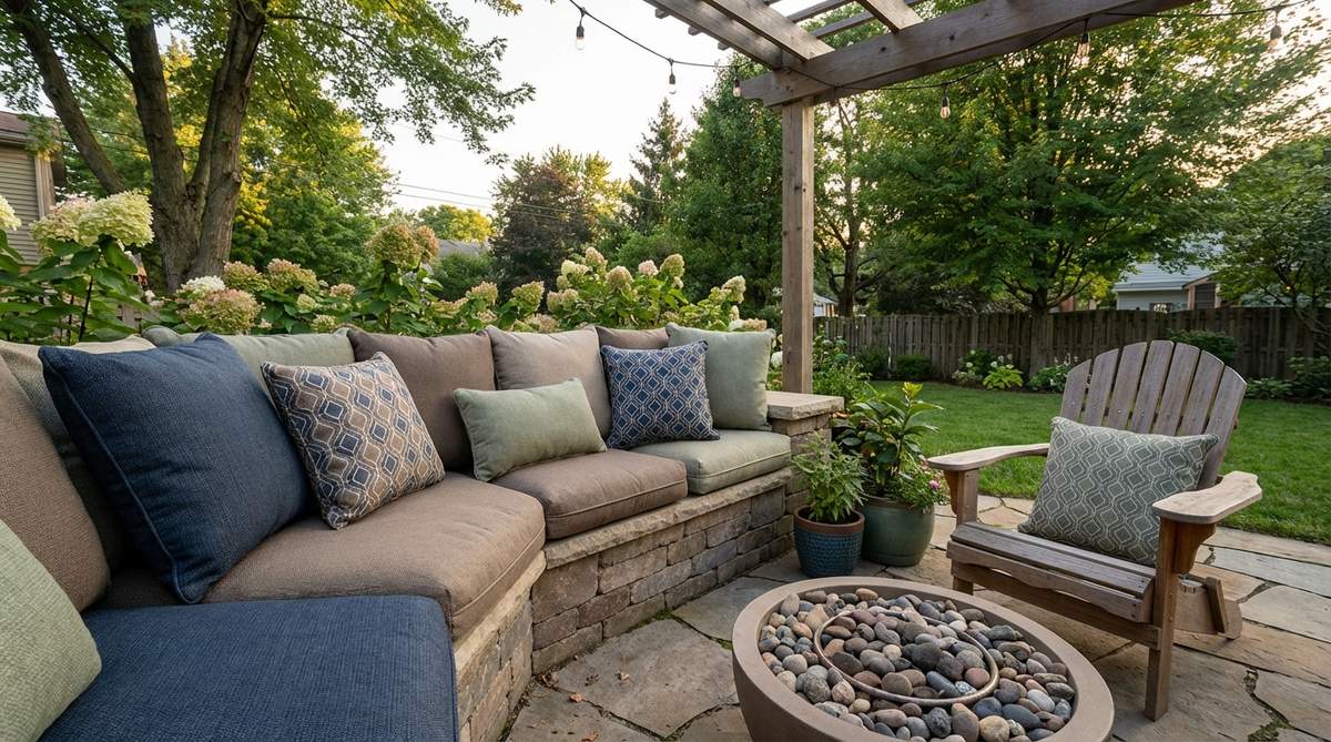 A cozy garden scene featuring overstuffed cushions in varying sizes, transforming hard seating surfaces into plush lounging zones. The cushions are made from solution-dyed acrylic fabrics that resist UV fading and water penetration, with quick-dry foam cores to prevent moisture retention and mildew. The mix of solid colors and subtle patterns adds visual interest without overwhelming the small garden space, enhancing comfort and durability for outdoor relaxation.