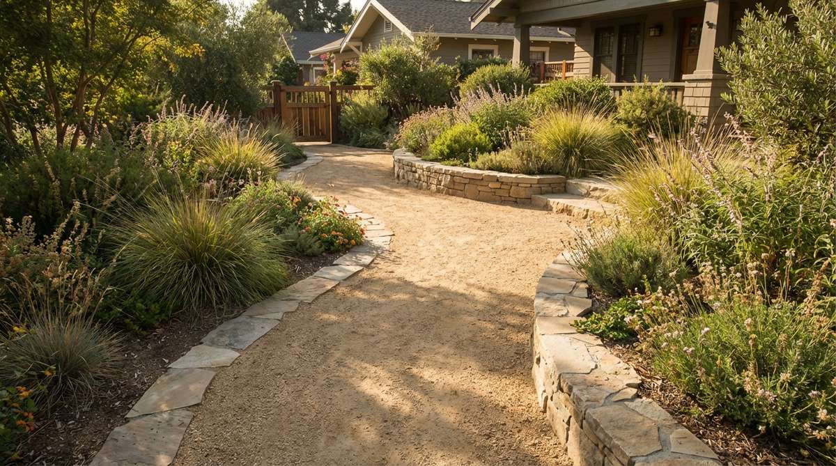 A stone garden path featuring compacted decomposed granite creating a stable, natural surface between stone elements. The fine granite particles bind together to prevent dust and erosion, forming an ADA-accessible pathway with neutral earth tones that complement various stone types and planting palettes. This permeable material benefits adjacent plantings while offering a cost-effective alternative to solid stone.