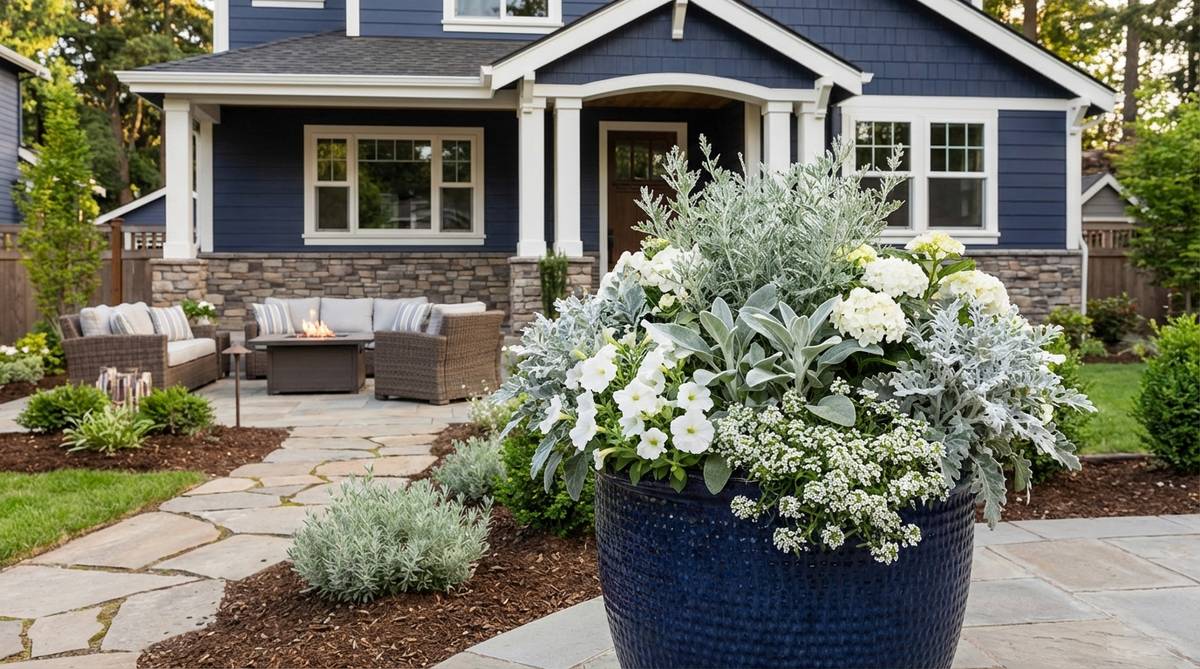 A navy blue planter showcasing sophisticated outdoor decor, featuring silver-foliaged plants and white flowers that complement traditional architecture with contemporary color palettes.