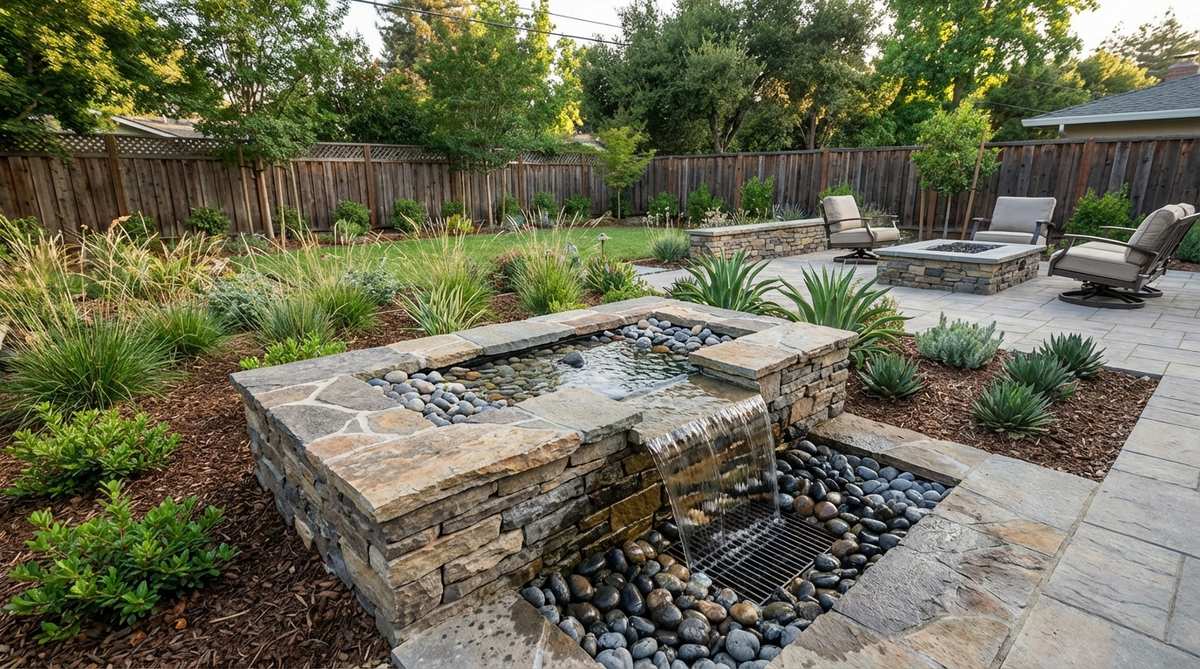 A modern disappearing water feature in a small backyard garden, showing water flowing over decorative stones into an underground reservoir, creating the illusion of groundwater while maintaining safe design for children and pets.