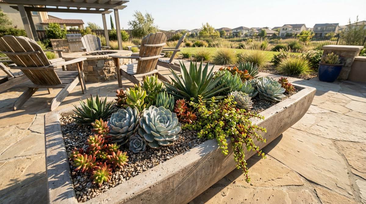 A vibrant arrangement of drought-tolerant succulents such as sedums, echeverias, and agaves in a shallow bowl or trough garden on a terrace, showcasing their architectural forms and minimal water needs with gritty soil for optimal growth.